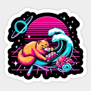 CUTE CAT EATING SUSHI WAVE JAPANESE 80'S VIBE Sticker